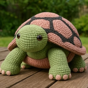 Könnte beinhalten: Eine handgefertigte Häkelschildkröte in Grün-, Rosa- und Schwarztönen. Die Schildkröte hat einen strukturierten Panzer mit geometrischem Muster, einen grünen Kopf und Gliedmaßen sowie kleine, dunkle Augen. Die Schildkröte sitzt auf einer Holzoberfläche.