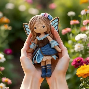 Peut inclure: Une poupée fée au crochet faite à la main avec des cheveux bruns, des ailes bleues et une robe bleue et marron. La poupée est tenue dans des mains en coupe sur un fond flou de fleurs colorées. La fée a une fleur dans les cheveux et des bottes bleues.