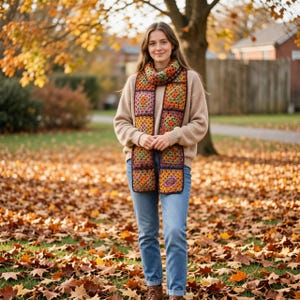 May include: A colorful crochet scarf with a patchwork design. The scarf features squares in shades of orange, green, purple, and brown. The person is wearing a tan sweater and blue jeans. The background shows a park with autumn leaves.