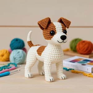 Peut inclure: Un jouet pour chien fait à la main au crochet, blanc, marron et noir. Le chien a des oreilles marron, une tache marron sur le dos et des yeux noirs. Il est posé sur une surface claire, avec des pelotes de laine et des crochets en arrière-plan.