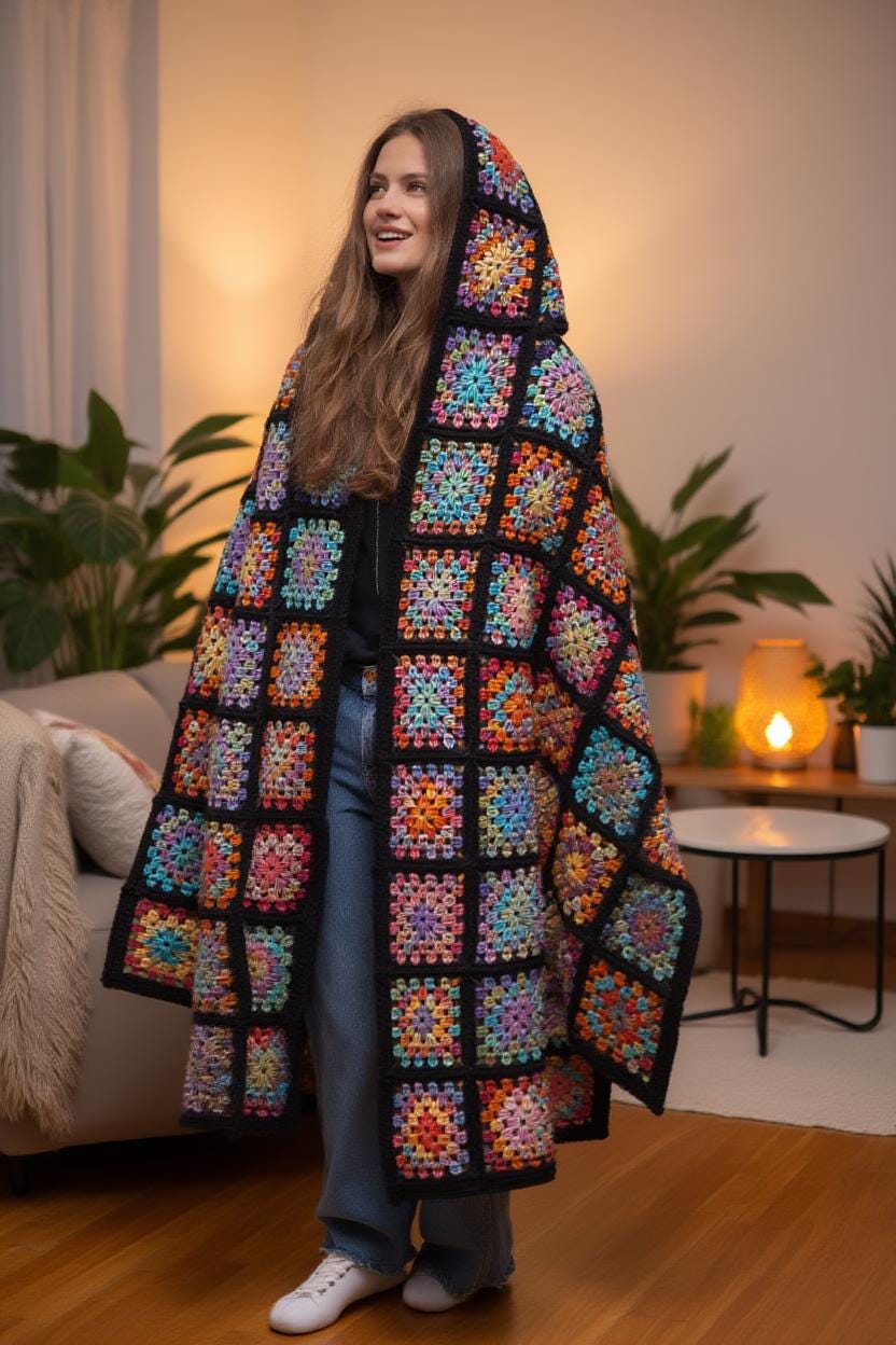 Granny Square Hooded Blanket Cloak