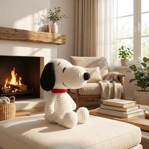 Peut inclure: Une peluche Snoopy blanche au crochet, avec des oreilles noires et un nez noir, portant un collier rouge. La peluche est assise sur un pouf blanc dans un salon confortable. Une cheminée avec un feu brûlant est en arrière-plan.