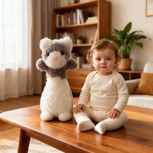 May include: A plush ferret toy with gray and white fur sits on a wooden table next to a baby wearing a cream-colored onesie. The toy has a pink nose and is positioned upright. The baby is looking directly at the camera.
