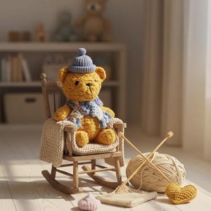 Peut inclure: Un ours en peluche crocheté, portant un bonnet et une écharpe bleus, est assis dans un fauteuil à bascule en bois miniature. Une pelote de laine, des aiguilles à tricoter et des articles crochetés, dont un cœur, sont à proximité. L'ours est jaune et la chaise est marron clair.
