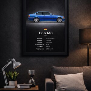 May include: Framed poster featuring a blue E36 M3 car from 1995. The poster includes specifications: 3.2L Inline-6 engine, 316 HP, 350 Nm torque, 0-100 km/h in 5.0s, 1/4 mile in 12.3s, and a top speed of 174 mph.