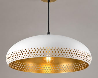 Lampada a sospensione bianca e in ottone, lampadario in ottone traforato, moderna lampada a cupola da soffitto, illuminazione per isola cucina.