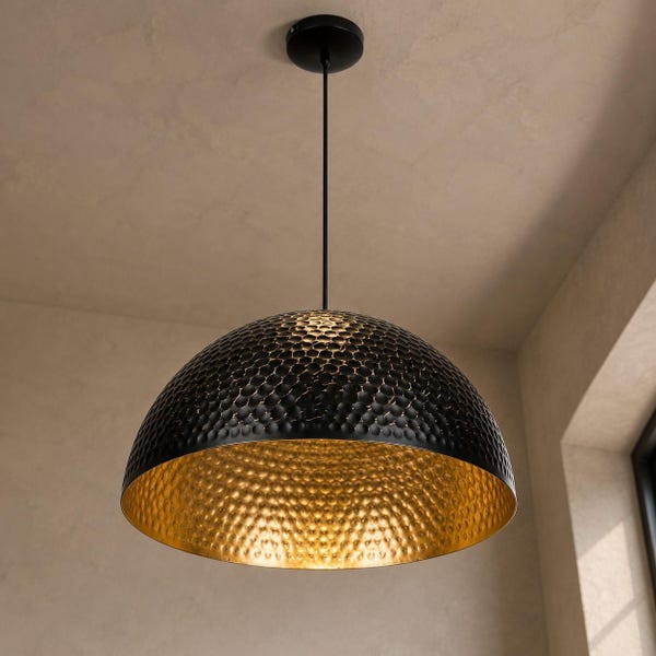 Hammered Brass Pendant Light, Black & Gold Dome Light, Handmade Ceiling Light, Kitchen Island Lighting, Modern Brass Lamp