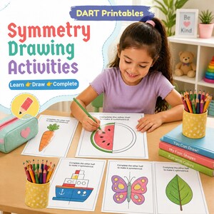 Può includere: Set di attività di disegno di simmetria DART Printables con fogli che mostrano metà di carota, anguria, nave, farfalla e foglia. Include matite colorate in portamatite gialli a pois e libri di istruzioni.