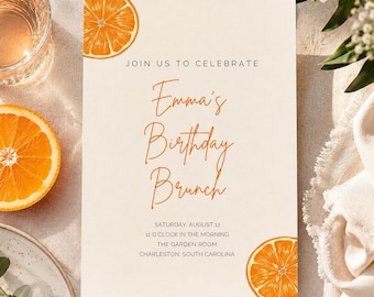Plantilla de invitación para brunch de cumpleaños, invitación de cumpleaños editable, invitación para brunch de cumpleaños para adultos, plantilla de Canva, invitación con diseño de naranja cítrica