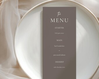 Plantilla de menú de boda editable en Canva, menú de boda moderno y minimalista, menú de recepción imprimible de lujo, cartel de boda de 4x9