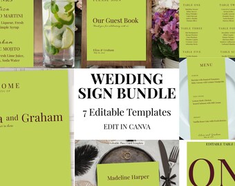 Paquete de plantillas editables para carteles de boda en Canva (Bienvenida, Plano de mesas, Menú)