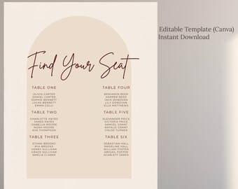Plantilla editable de plano de asientos para bodas en Canva, cartel para encontrar tu asiento, plano de asientos minimalista para bodas, descarga digital.