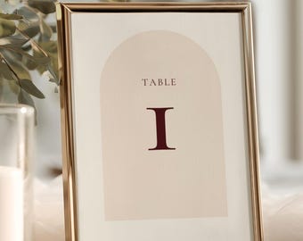 Plantilla de números de mesa para bodas, números de mesa editables, imprimibles de 5x7, decoración minimalista para bodas con arco, descarga instantánea en Canva.