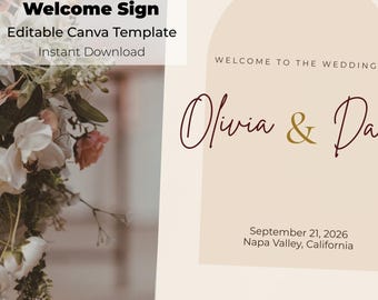 Plantilla editable de cartel de bienvenida para bodas en Canva, cartel de arco para bodas, póster romántico de bienvenida para bodas, descarga digital.