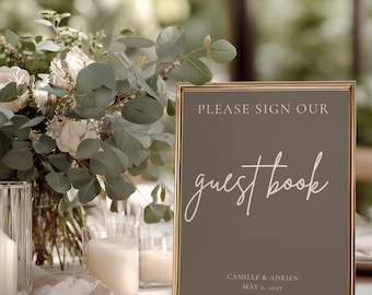 Plantilla de cartel para libro de visitas: Por favor, firme nuestro libro de visitas. Cartel editable para libro de visitas de boda. Cartel minimalista para bodas. Plantilla imprimible de Canva.