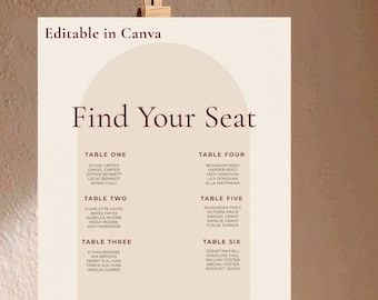 Plantilla de plano de asientos para bodas 18x24, plano de asientos editable en Canva, letrero de arco minimalista, póster para encontrar tu asiento, decoración de boda imprimible