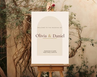 Plantilla moderna de letrero de bienvenida para bodas con arco, letrero editable para bodas en Canva, letrero para recepción, descarga instantánea.