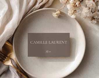 Plantilla editable para tarjetas de mesa, tarjetas de mesa para bodas, tarjetas de asiento minimalistas, tarjetas de identificación imprimibles, plantilla de Canva.