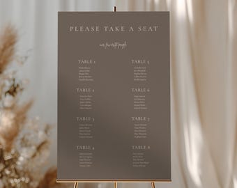 Plantilla de plano de asientos para bodas, plano de asientos editable en Canva, letrero de boda minimalista moderno, descarga instantánea, plano de asientos para recepción de 24x36