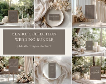 Plantilla de paquete de letreros para bodas, paquete de letreros editables para bodas, letreros para bodas en Canva, plano de asientos, letrero de bienvenida, menú, números de mesa