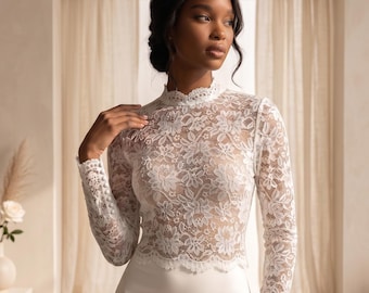 Lace wedding crop top, Lace bridal top,White lace long sleeve top,Bridal crop top,Sheer bridal top,Plus size bridal top,Wedding dress topper