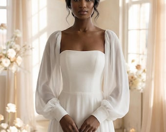 Mangas de vestido de noiva em chiffon, Mangas de noiva removíveis em marfim, Mangas bufantes em chiffon, Mangas de noiva em chiffon, Mangas de noiva transparentes