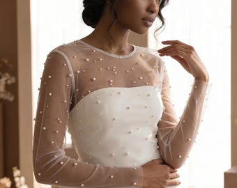 Pearl wedding dress topper, Tulle wedding dress topper, Sheer wedding dress topper,Pearl bridal top,Beaded bridal topper, Bridal cover up
