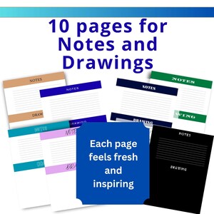 Puede incluir: Una colección de diez páginas para notas y dibujos. Cada página tiene un encabezado de color diferente, con las palabras "NOTES" y "DRAWING" impresas en ellas. También es visible el texto "Cada página se siente fresca e inspiradora".