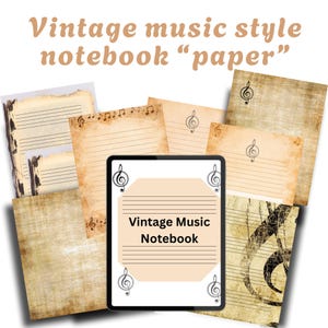 May include: A digital tablet displaying the text Vintage Music Notebook centered on a light tan background with treble clef icons, surrounded by various sheets of aged, textured paper featuring musical staves, notes, and treble clef symbols.