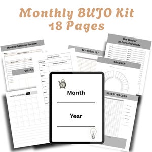 Miesięczny zestaw do dziennika i planera | Bez daty | Strony do dziennika Bullet Journal do druku | Tablica wizualizacyjna, wdzięczność, śledzenie postępów, refleksja