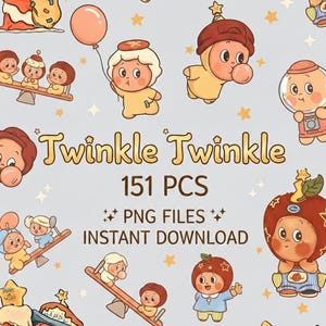 May include: A digital graphic design featuring cartoon characters in various poses, including holding balloons and riding a seesaw. The text "Twinkle Twinkle" and "151 PCS PNG FILES INSTANT DOWNLOAD" are also present. The color palette includes yellow, orange, and blue.