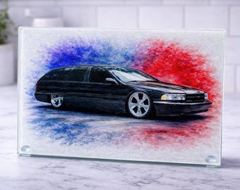 Black Caprice Wagon 11x8 Glass Cutting Board | Watercolor Car Kitchen Decor