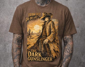 Dark Gunslinger T-Shirt, Vintage Western Anime Cowboy Tee, Draw Fast Or Die Last Shirt, Retro Desert Graphic, Streetwear Tee