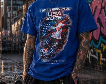USA 2026 Soccer T-Shirt Futuristic Football Graphic Tee Future Runs On Us Patriotic World Cup Fan Shirt Gift for Men Women