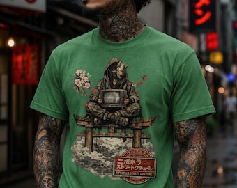 Cyberpunk Oni Samurai T-Shirt, Japanese Streetwear Graphic Tee, Anime Glitch Art Shirt, Niponella Street Couture, Urban Fashion Tee