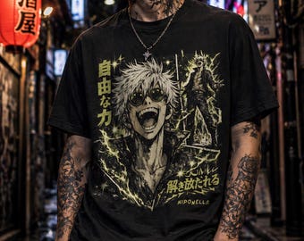 Unisex Vintage Anime T-Shirt Japanese Graphic Tee Lime Green Manga Streetwear Retro Comic Washed Style Shirt