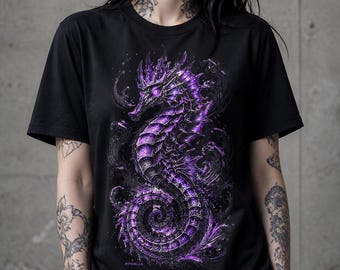 Cyberpunk Seahorse T-Shirt, Neon Purple Japanese Ukiyo-e Graphic Tee, Anime Streetwear Shirt, Dark Fantasy Ocean Design, Unisex Gift