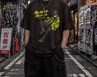 Unisex Anime Streetwear T-Shirt Japanese Graphic Tee Neon Lime Green Urban Manga Shirt Cyberpunk Fashion Casual Graphic Tee