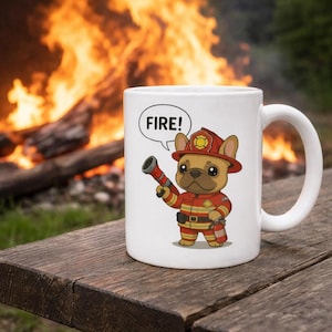 Puede incluir: Taza de cerámica blanca con un bulldog de dibujos animados bombero, con casco y uniforme rojos, sosteniendo una manguera y un extintor. La taza tiene la palabra "FIRE!" en un bocadillo. La taza está sobre una superficie de madera.