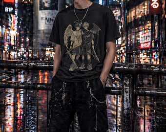 Unisex Angel Demon Anime T-Shirt Vintage Manga Graphic Tee Gothic Streetwear Best Friends Retro Alt Shirt