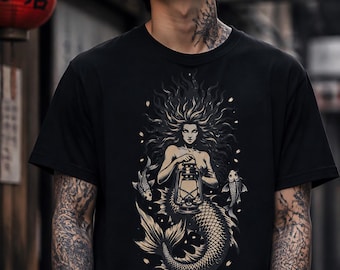 Vintage Ukiyo-e Mermaid T-Shirt, Japanese Anime Streetwear Tee, Koi Fish Sakura Lantern Graphic, Dark Aesthetic Shirt, Unisex Gift