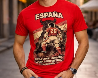 Spain Soccer T-Shirt Vintage Anime Style, Spain Football Shirt, Play With Heart, Fight Like a Bull Tee, Spanish Pride Streetwear