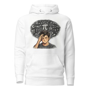 以下が含まれることがあります： フロントポケットとドローストリングフードが付いた白いパーカー。グラフィックは、π記号を含む数式や記号に囲まれた、困惑した表情の人を示しています。