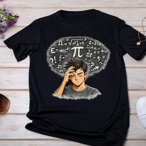 以下が含まれることがあります： 数式と数学記号に囲まれた人物のグラフィックが特徴の黒いTシャツ。その人物は、考え込んでいる表情で、額に手を当てています。このシャツは柔らかい素材で作られています。