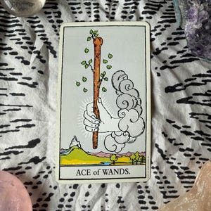 May include: The Ace of Wands tarot card features a hand holding a wooden wand with green leaves. The card has a light gray background with a landscape at the bottom and the words "ACE of WANDS." The card is surrounded by crystals and a patterned cloth.