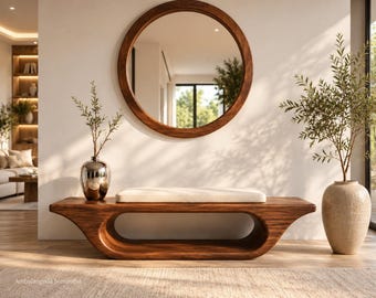 Solid Walnut Sculptural Bench with Upholstered Cushion, Handmade Entryway Furniture