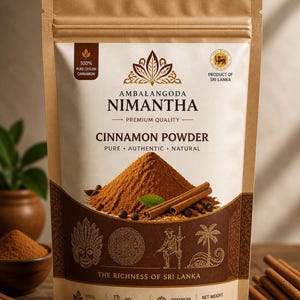 May include: A package of Ambalangoda Nimantha Cinnamon Powder. The bag is brown with the text "CINNAMON POWDER" and "PURE AUTHENTIC NATURAL". The bag also has the text "THE RICHNESS OF SRI LANKA" and "NET WEIGHT 100g".