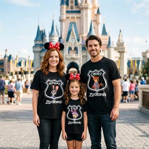 May include: A family posing in front of a castle, all wearing matching black t-shirts with Zootopia designs. The shirts have the words "Mommy," "Daddy," and "Ellie." Each person wears a black headband with a red polka-dot bow. The background is a Disney castle.