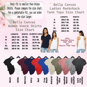 May include: A size chart for Bella Canvas women's V-neck shirts and ladies' racerback tank tops. The chart includes measurements in inches for length, width, and sleeve length. Various shirt colors are displayed, including black, white, maroon, navy, and red.
