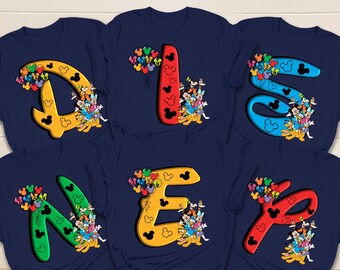 Personalized Disney Alphabet Group Shirt, Custom Disney Vacation Letters Tees, Disney School Trip Outfits, Disney Squad Besties Matching